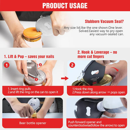 Uinxan 5 in 1 Bottle Opener for Small Jar Lid, Beer, Can Tab, Vacuum Seals | Effortlessly Opens Screw Caps(0.6"-2.7"), Stainless Steel Multi Portable Tool,Ideal for Seniors & Weak Hands (Silver)