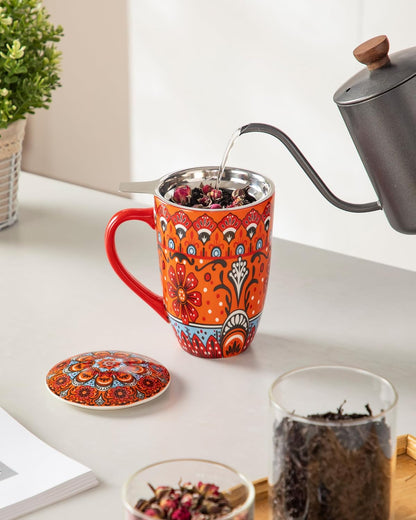 vancasso 18 Oz Tea Infuser Mug with Lid, Mint Petal Whirl | Eye catching Bohemian pattern, adds charm to any tea corner, ceramic mug with infuser, microwave and dishwasher safe