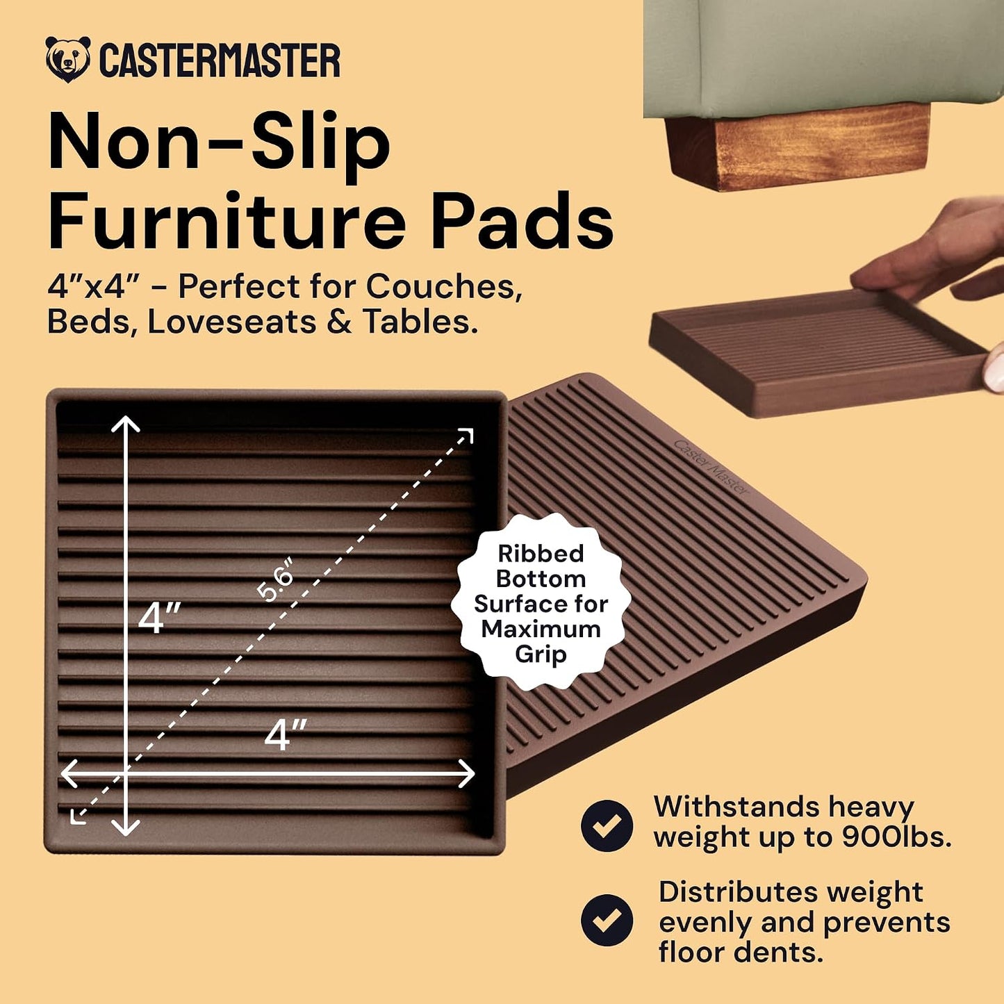 Non-Slip Furniture Pads - 4x4 in Brown, 4 Pack | Square rubber caster cups - anti-skid - Use for heavy sofas, beds & chairs on hardwood floors