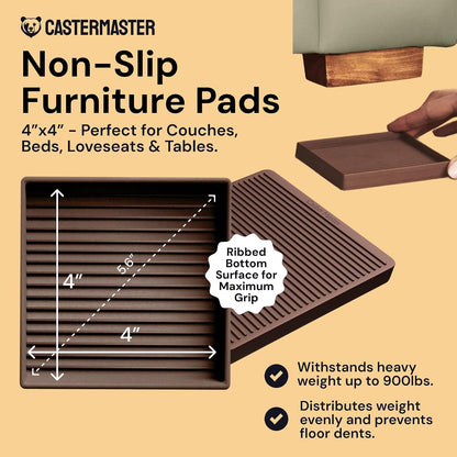 Non-Slip Furniture Pads - 4x4 in Brown, 4 Pack | Square rubber caster cups - anti-skid - Use for heavy sofas, beds & chairs on hardwood floors