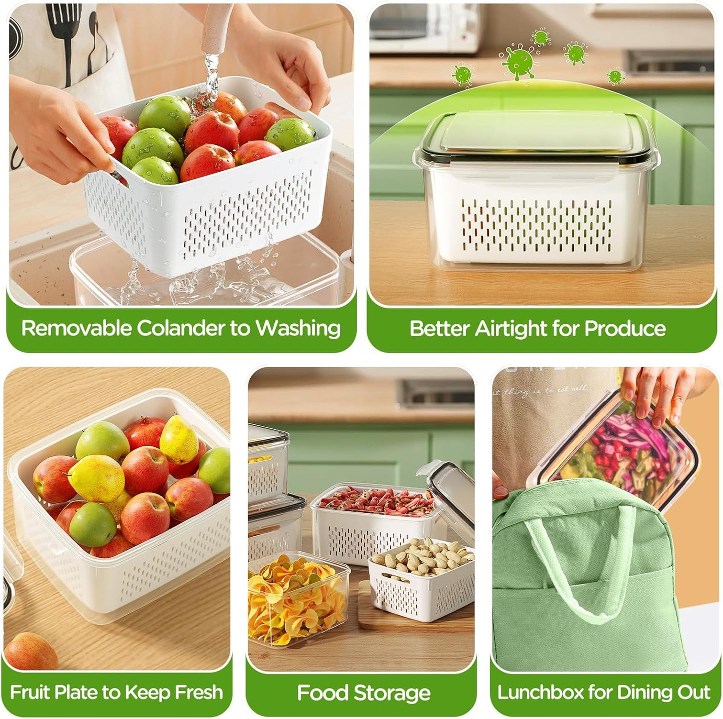 8-Pack Fruit Storage Containers for Fridge, Leakproof Fruit Containers for Fridge with Colanders, BPA-Free Produce Storage Containers with Lids Keep Fruits, Vegetables, Berry, Meat Fresh longer