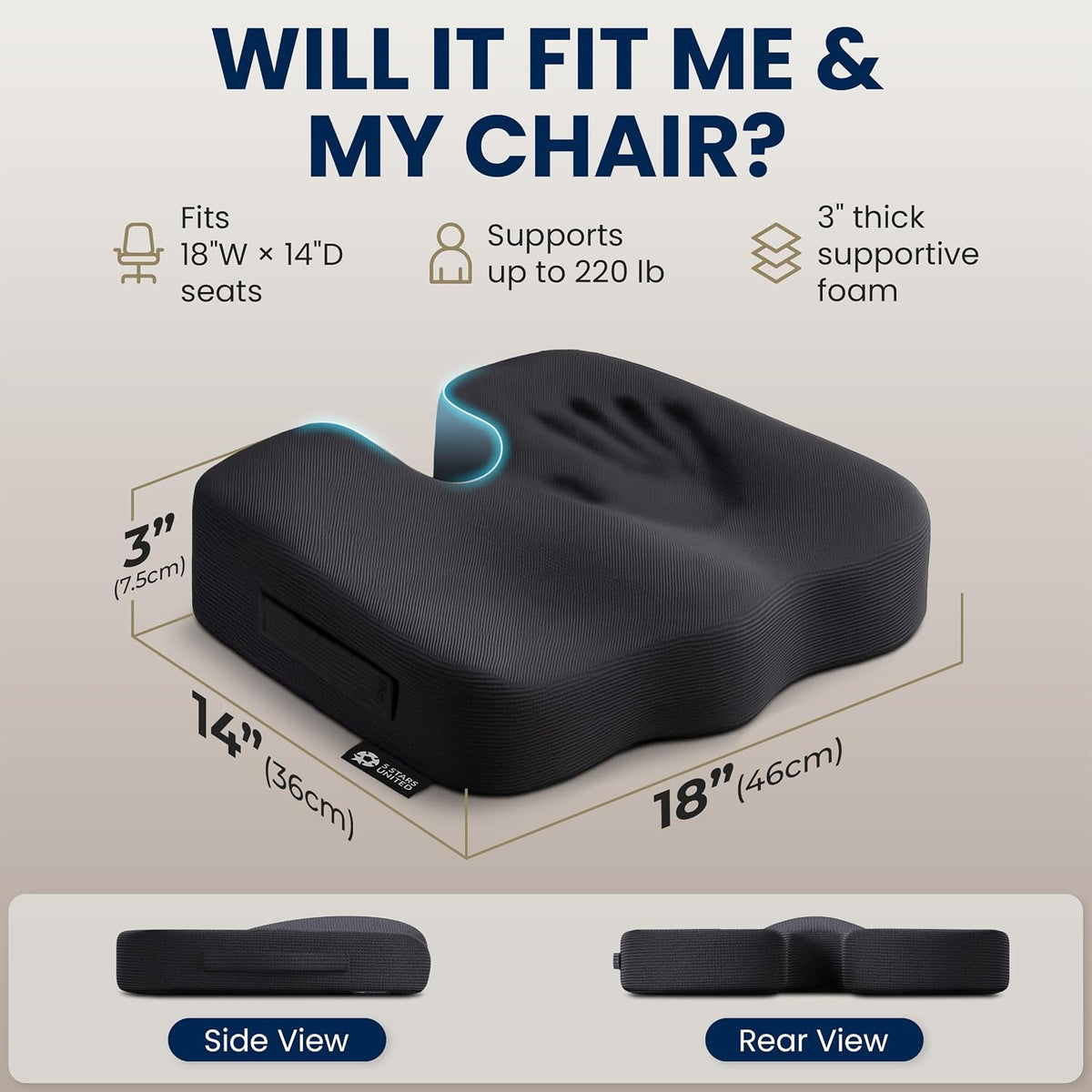 5 STARS UNITED Seat Cushion - Memory Foam Chair Cushion for Tailbone Pain Relief - Ergonomic Support for Coccyx, Sciatica & Butt - Office, Desk & Gaming Chair, Car Seat, Wheelchair, Airplane, Black