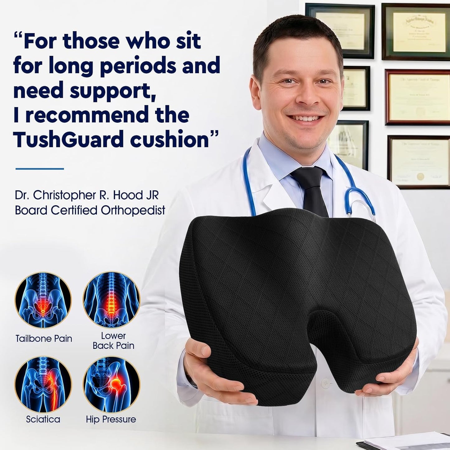 TushGuard Office/ Car Seat Cushion, Non-Slip Sciatica & Back Coccyx Tailbone Pain Relief Chair Pad, Memory Foam Butt Pillow for Computer Desk, Wheelchair, Driving (Black)