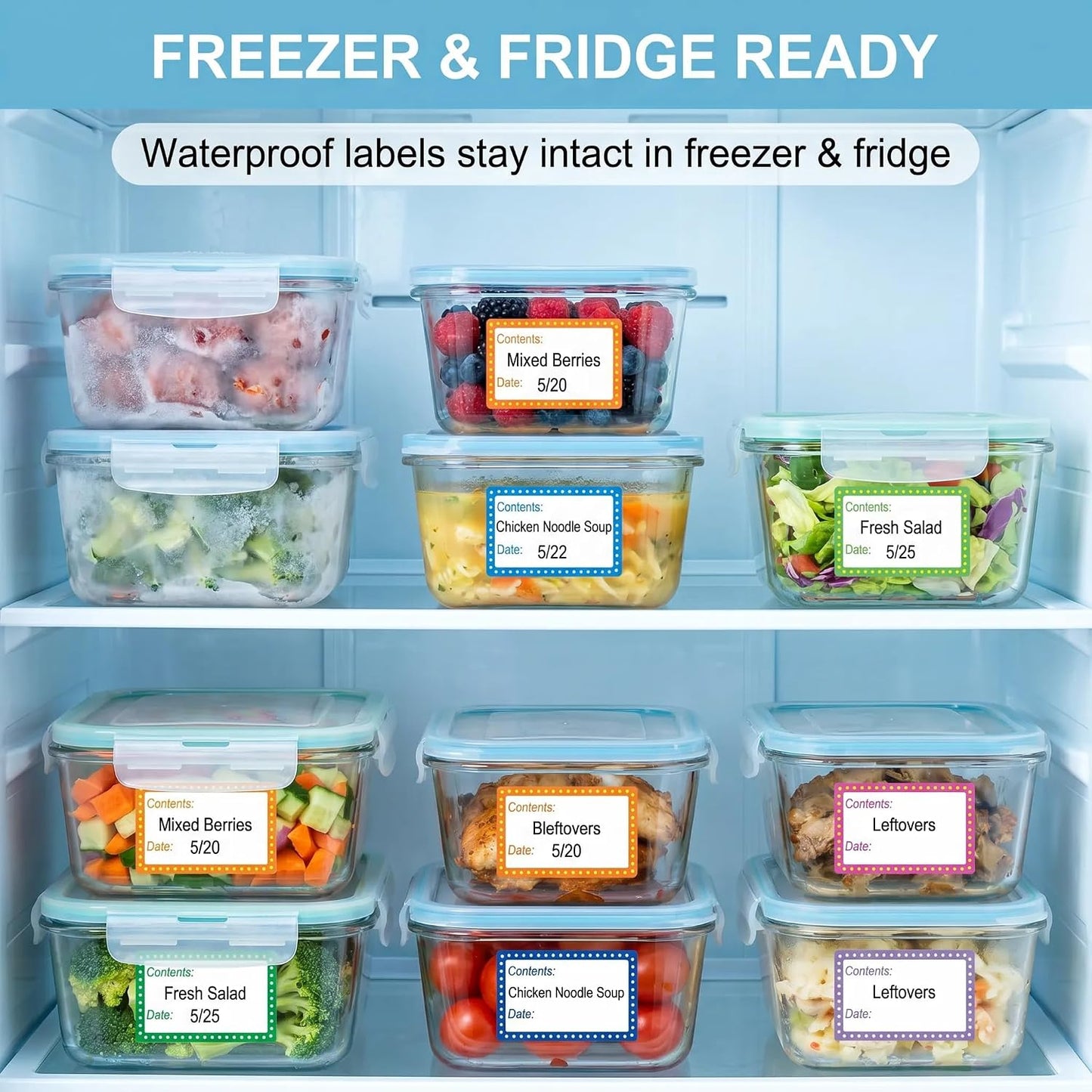 500Pcs Blue Freezer Labels, Waterproof Write-On Stickers | 500Pcs labels; removable writable adhesive for jars, containers, meal prep, pantry storage, and freezer use.