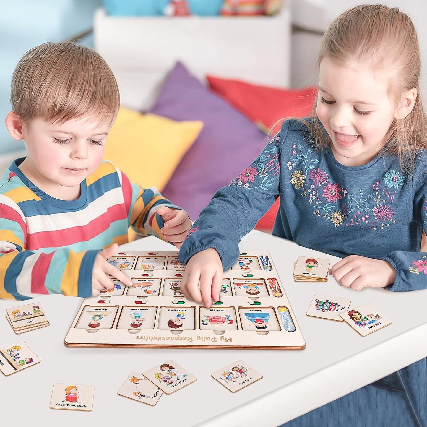 ABCxGOOD Wooden Visual Schedule for Kids Chore Chart, Morning Bedtime Daily Routine Chart for Toddlers, Autism Learning Materials for Homeschool Classroom,76 Wooden Cards.