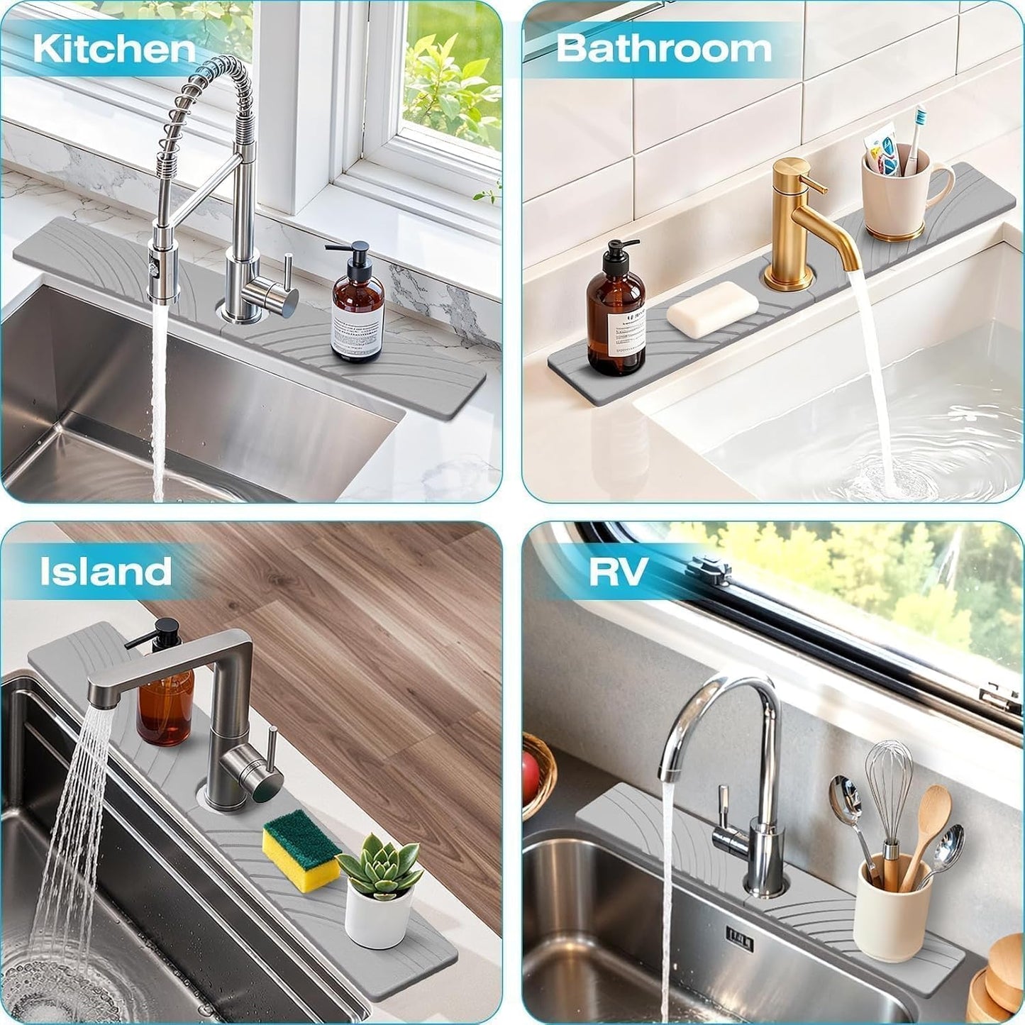 SpaceHacks Stone Faucet Mat for Kitchen Sink 23.7x4 in, Light Gray | Fast Drying Diatomite Stone Drying Mat, Water Splash Guard, Textured Drainage Sink Protector, Suits Bathroom&Kitchen Counter