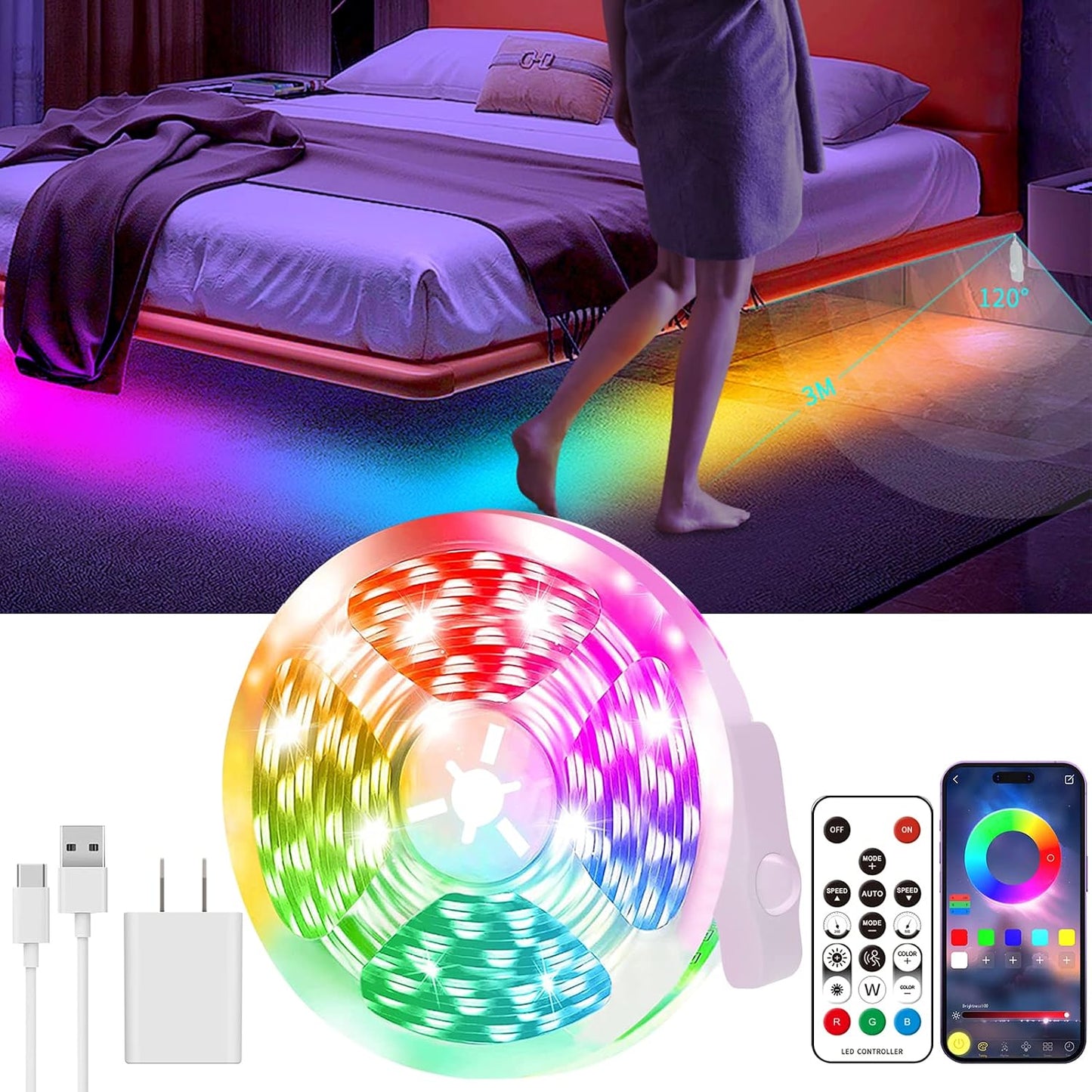 KANTUTOE Motion Activated LED Light Strip, 16.4FT Motion Sensor LED Light Indoor with APP Control, Under Bed Lights Motion Sensor with 5V USB Powered, Suitable for Bed Cabinet Staircase Bedroom