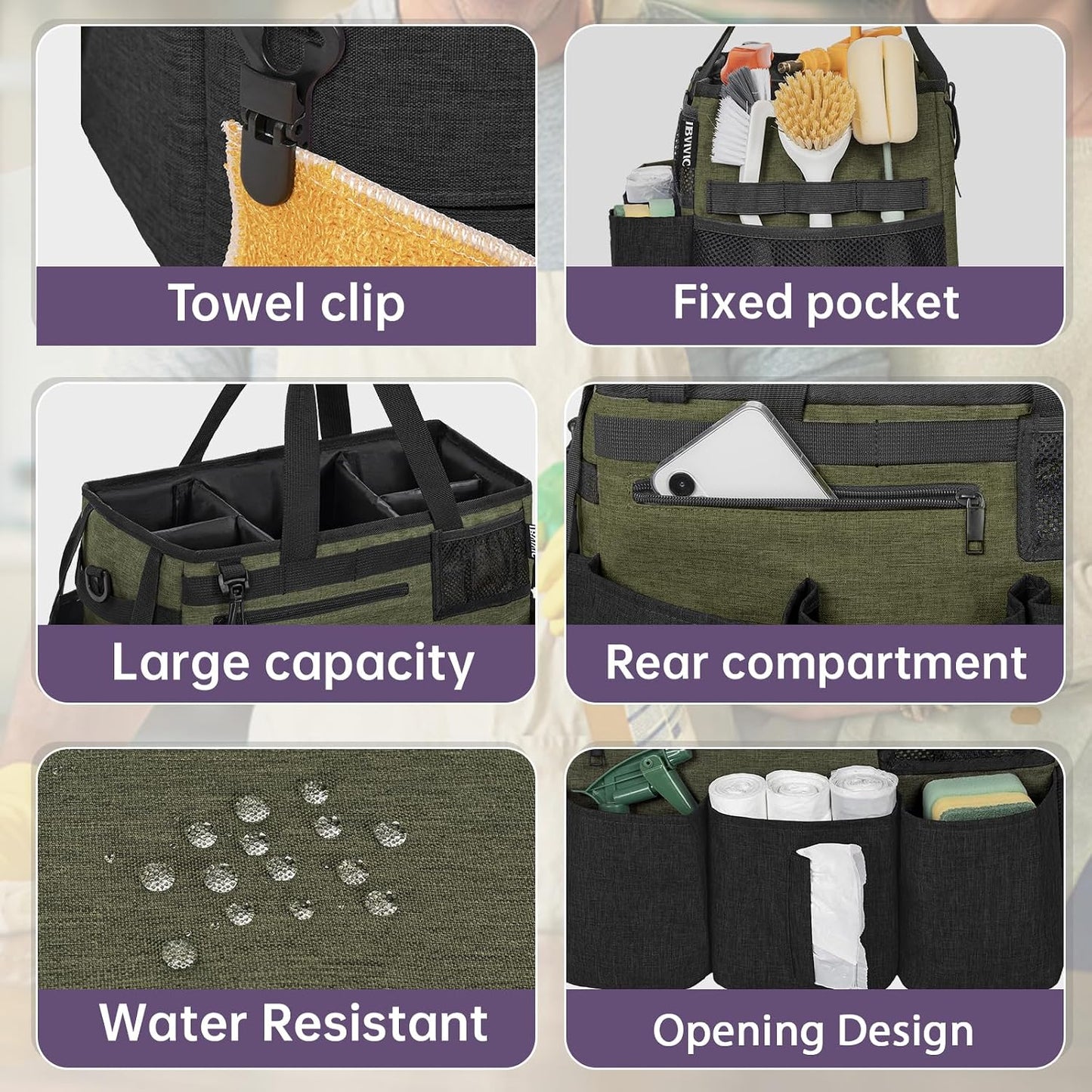IBVIVIC Wearable Cleaning Caddy Bag for Cleaning Supplies, Black | Cleaning Organizer Tote Bag with Handle & Shoulder Straps Kitchen Cleaning Supplies Storage Bag for Cleaners & Housekeepers