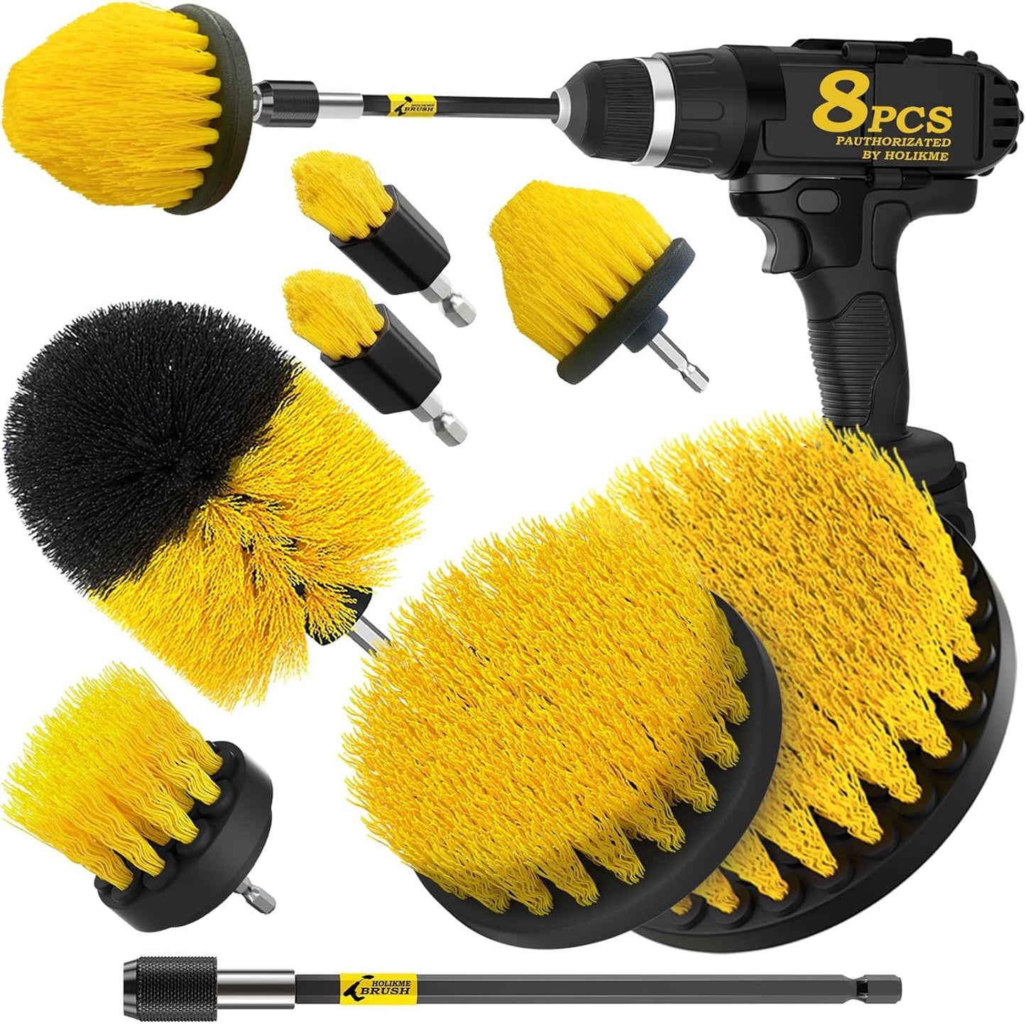 Holikme 8Piece Drill Brush Attachment Set - Power Scrubber Cleaning Kit | Nylon Fibers, Power Scrubber Attachments for Tile, Shower, Floors, Kitchen and Auto Interior Care, Cleaning Tools, Yellow