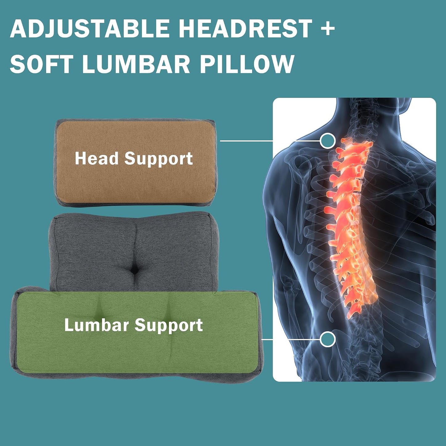 ROYALAY 2 Pcs Neck Pillow Lumbar Support for Recliner, Back Pillow for Chair with Adjustable Headrest Pillow, Back Rest Pillow for Office Chairs, Recliners,Sofa, Couch