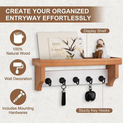 Key and Mail Holder Wall Mount, Mail Organizer with 5 Key Hooks | Key Holder with Shelf, Key Holder for Coat, Dog Leash, Home Decor Rack, Entry Way Organizer