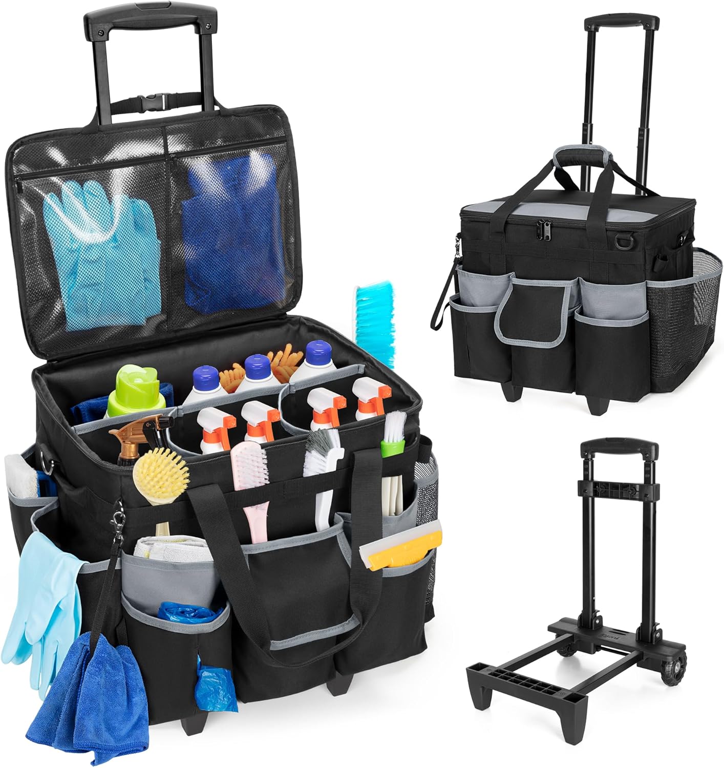 HODRANT Large Rolling Cleaning Caddy with Detachable Trolley & Lid | Cleaning Cart on Wheels with Shoulder Strap & Handles, Cleaning Supplies Organizer with Multi Pockets for Clean Tools Storage