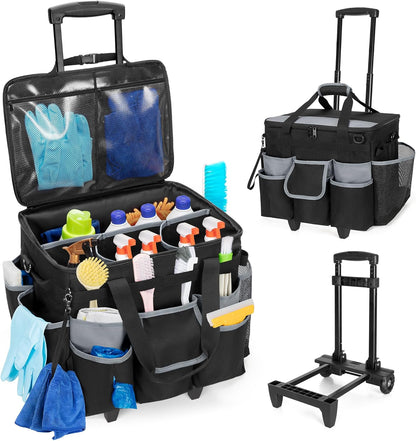 HODRANT Large Rolling Cleaning Caddy with Detachable Trolley & Lid | Cleaning Cart on Wheels with Shoulder Strap & Handles, Cleaning Supplies Organizer with Multi Pockets for Clean Tools Storage