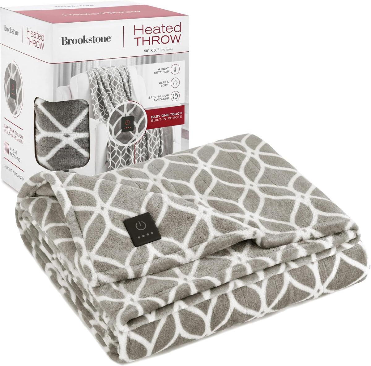 Brookstone Electric Heated Plush Throw Blanket, 50 x 60 in, Blue Trellis