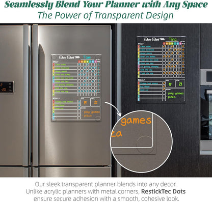 Clear Non-Magnetic Calendar Set for Fridge - Dry Erase Transparent Monthly and Weekly Calendar, List and Blank Whiteboard - Sticks to Wall, Glass, Door, Any Smooth Surfaces