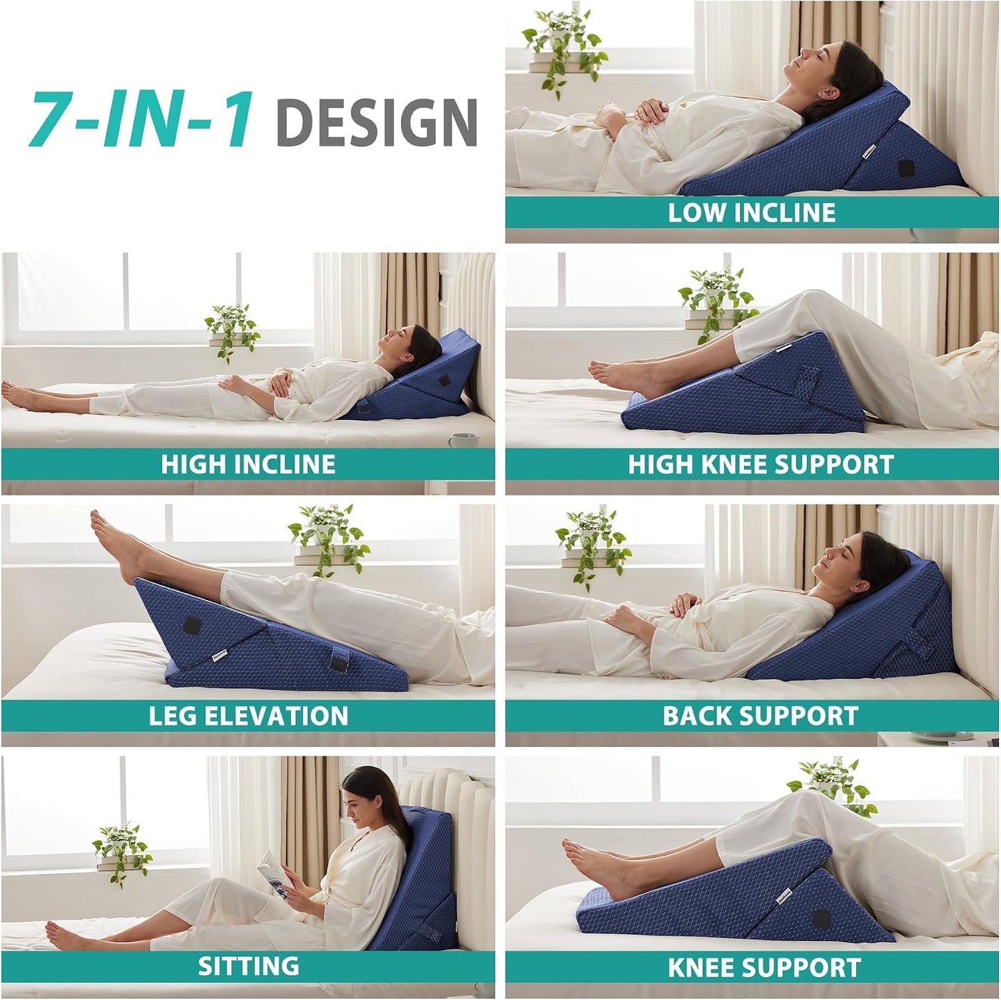 Bedluxe Wedge Pillow Headboard, 3PCS Orthopedic Bed Wedge Pillows Set for After Surgery, Adjustable Pillow Wedge for Acid Reflux&Back Pain Relief, Sleeping, Back Pillow for Bed Sitting Up, White/Grey