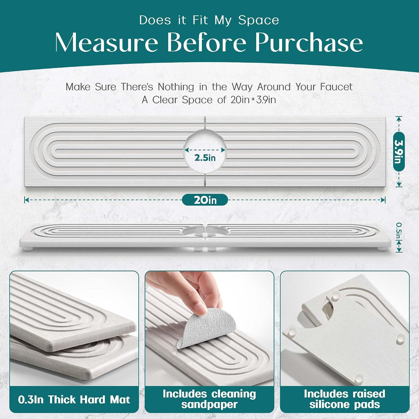 Stone Faucet Mat for Kitchen Sink – Diatomite Drying Stone Mat & Sink Protector, Prevents Moisture – Sink Splash Guard Water-Absorbing Stone Tray for Bathroom Counter (Light Grey, 20" x 3.9")