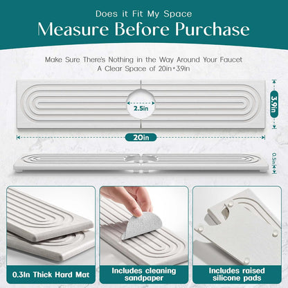 Stone Faucet Mat for Kitchen Sink – Diatomite Drying Stone Mat & Sink Protector, Prevents Moisture – Sink Splash Guard Water-Absorbing Stone Tray for Bathroom Counter (Light Grey, 20" x 3.9")