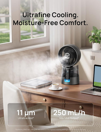 DREO TurboCool Misting Fan 516, 5℉ Drop Cooling Fans that Blow Cold Air | 150°+30° Omni-directional Oscillating, Evaporative air cooler, 26 ft/s Wind, Ultrafine Mist, 20dB, 6 Speeds 2 Modes, Grey
