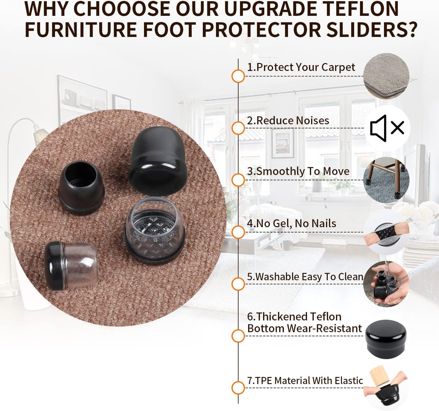 Ezprotekt Chair Leg Sliders for Carpet, 24 Pcs Square Chair Glides for Carpet, Carpet Furniture Pads Stool Leg Protectors Caps, Carpet Furniture Glides Quickly and Easily (L Fit:1" - 1.4")