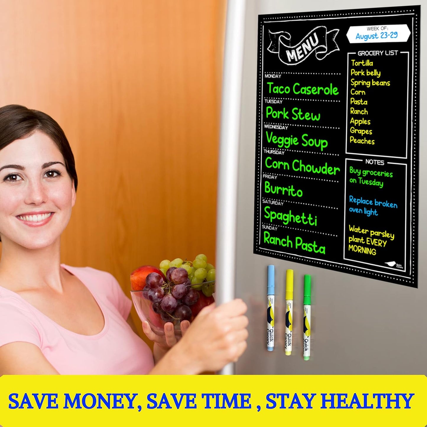 White Magnetic Dry Erase Weekly Menu Board for the Fridge | Weekly meal and dinner planner, 7-day grid, grocery and to-do lists, 12x16 inches, fits standard fridge, 3 markers, eraser