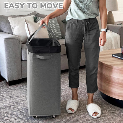 CHICVITA 75L Large Rolling Laundry Basket with Wheels & Wash Bag, Grey | Collapsible design saves space for corner dorms. Removable wash bag for easy laundry transport