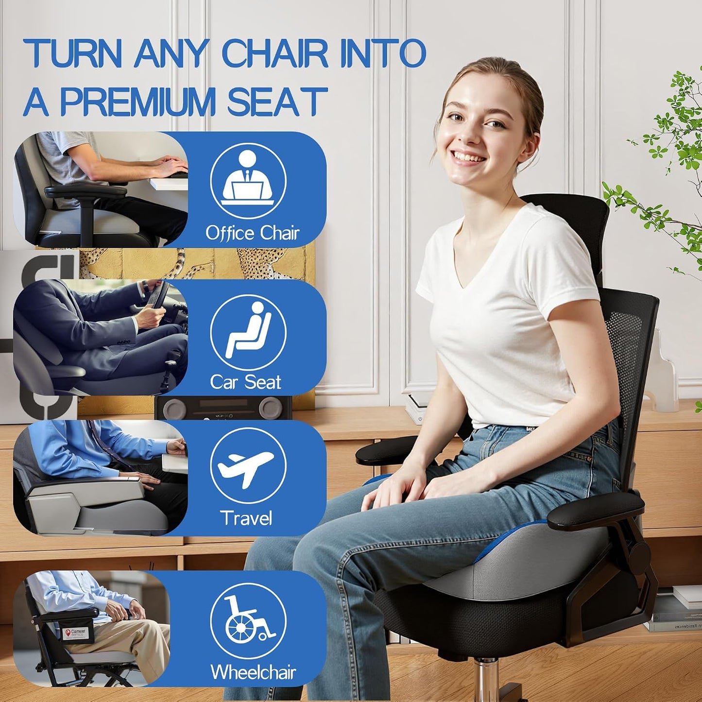 Benazcap Large Memory Foam Seat Cushion Lumbar Support Pillow for Sciatica & Tailbone Pressure Relief Coccyx Pad for Office Chair, Wheelchair, Car, Home, Office