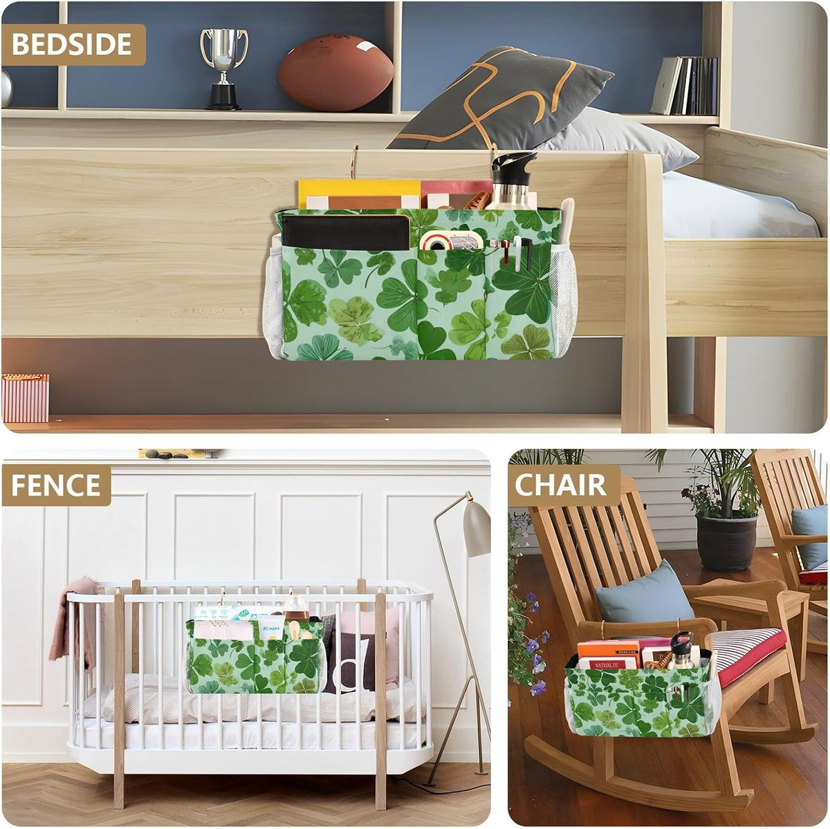 Bedside Caddy Hanging Bunk Bed Caddy Bed Organizer Hanging Pocket with 2 Hooks Bedside Storage Organizer Pocket Bag Holder Checkered Light Green - Colors B