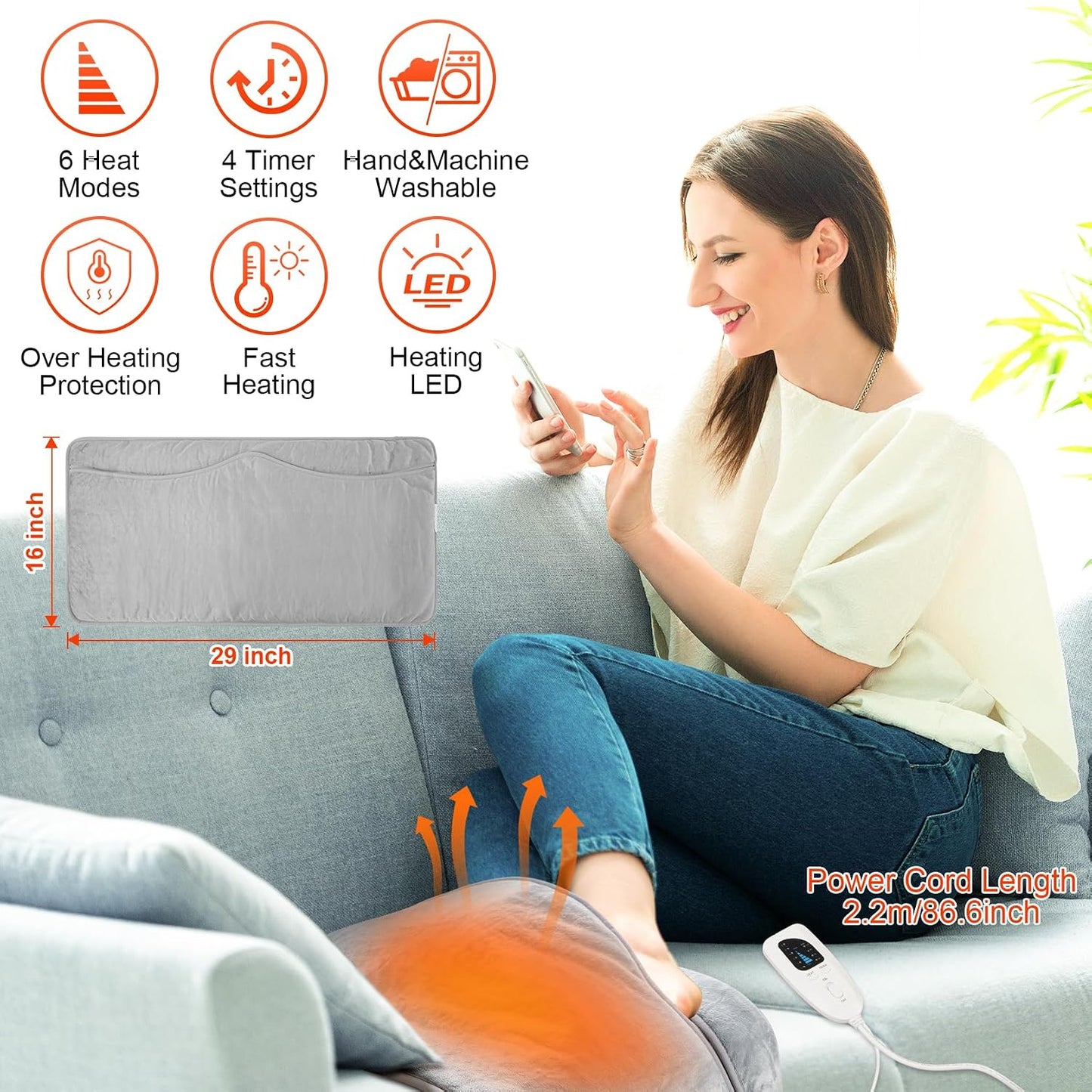 LAMA Electric Heated Foot Warmer, Double Persons Heating Foot Warmers for Men and Women, Rapid Foot Heating Pad with 6 Level Temp & 4 Timers for Bed/Christmas/Home/Office, Detachable,Washable,Grey