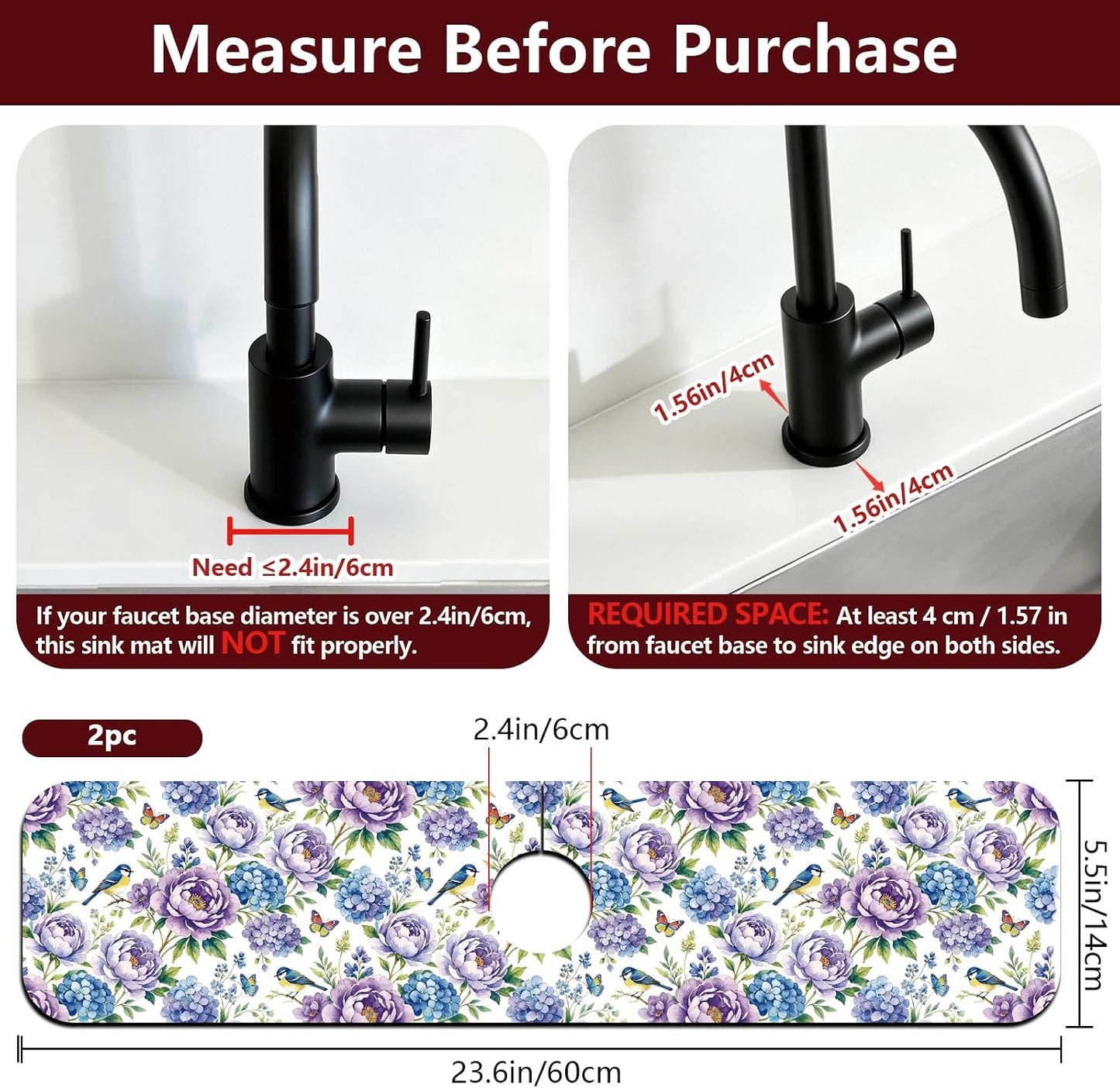 2Pcs Peonies Kitchen Sink Splash Guard Faucet Mat Vintage Florals Faucet Mat For Bathroom Kitchen 5.5x23.6In