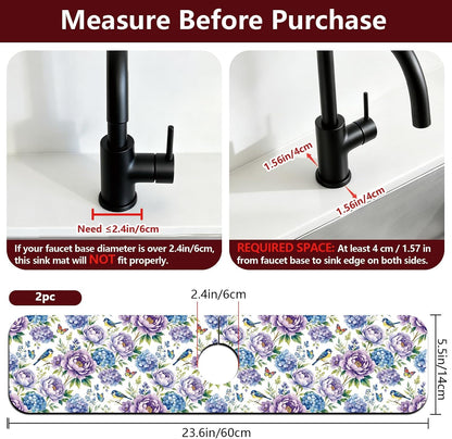 2Pcs Peonies Kitchen Sink Splash Guard Faucet Mat Vintage Florals Faucet Mat For Bathroom Kitchen 5.5x23.6In