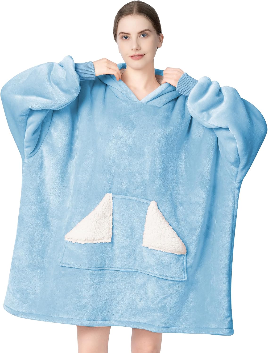 Wearable Blanket Hoodie, Oversized Sherpa Fleece Sweatshirt Blanket with Giant Hood Pocket and Sleeves for Adult, Warm & Cozy Grey Blanket Gifts for Women