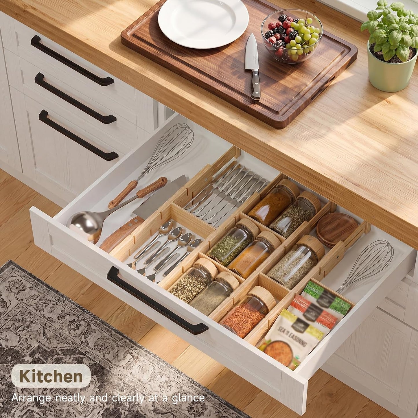 Bamboo Drawer Dividers, Expandable Kitchen Drawer Organizer | Include 6 Dividers, 6 Small Inserts and 6 Medium Inserts for Home, Office, Dressers