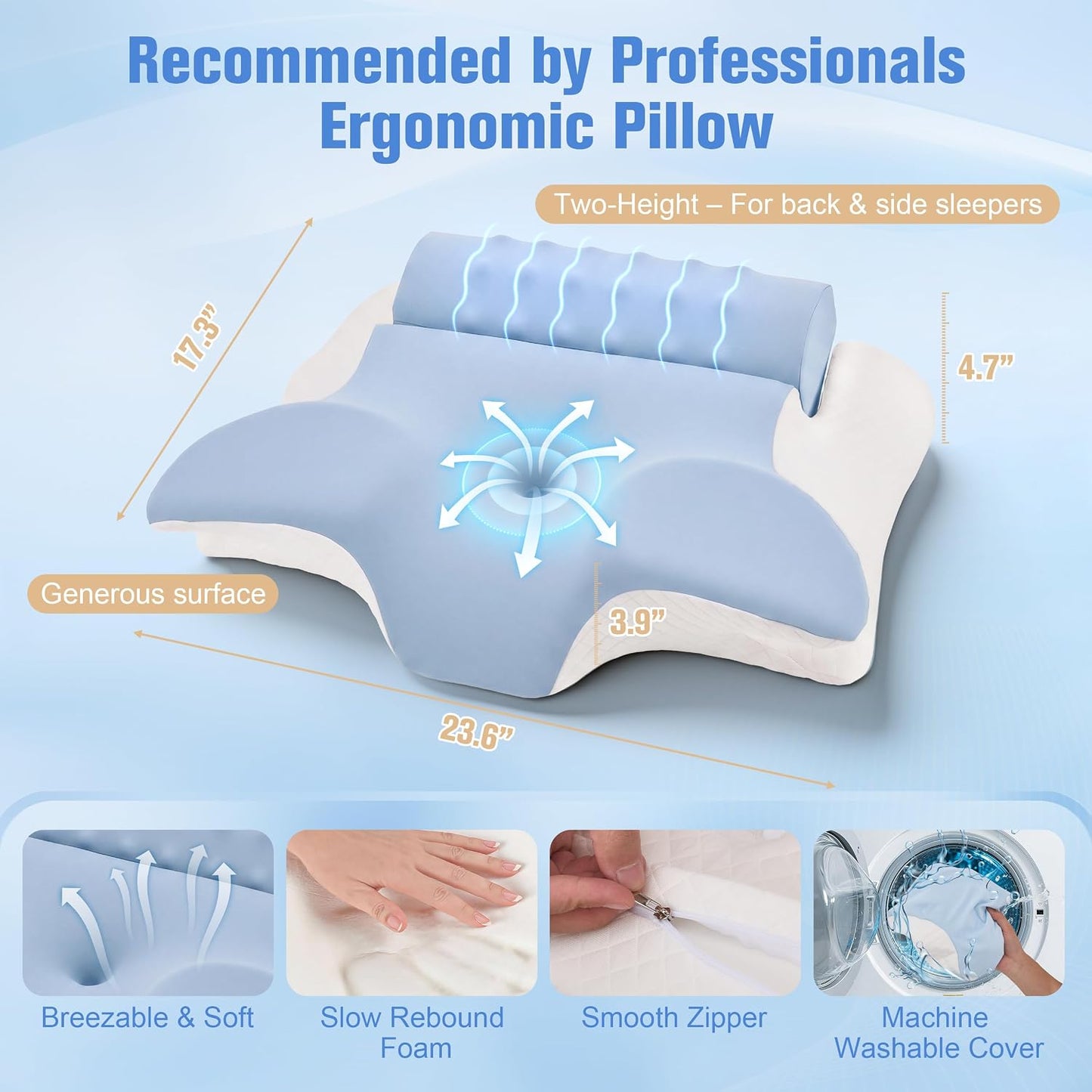 Cervical Neck Pillow for Pain Relief, 2-in-1 Memory Foam Pillow with Removable Cervical Roll, Orthopedic Neck Support Contour Bed Pillows with Ice Silk Pillowcase for Side Back Stomach Sleepers