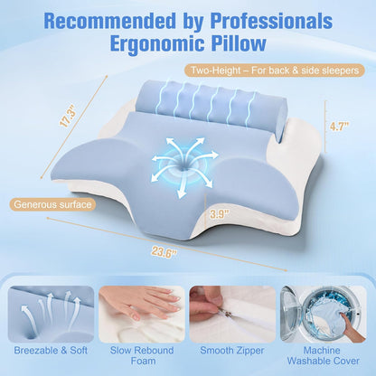 Cervical Neck Pillow for Pain Relief, 2-in-1 Memory Foam Pillow with Removable Cervical Roll, Orthopedic Neck Support Contour Bed Pillows with Ice Silk Pillowcase for Side Back Stomach Sleepers