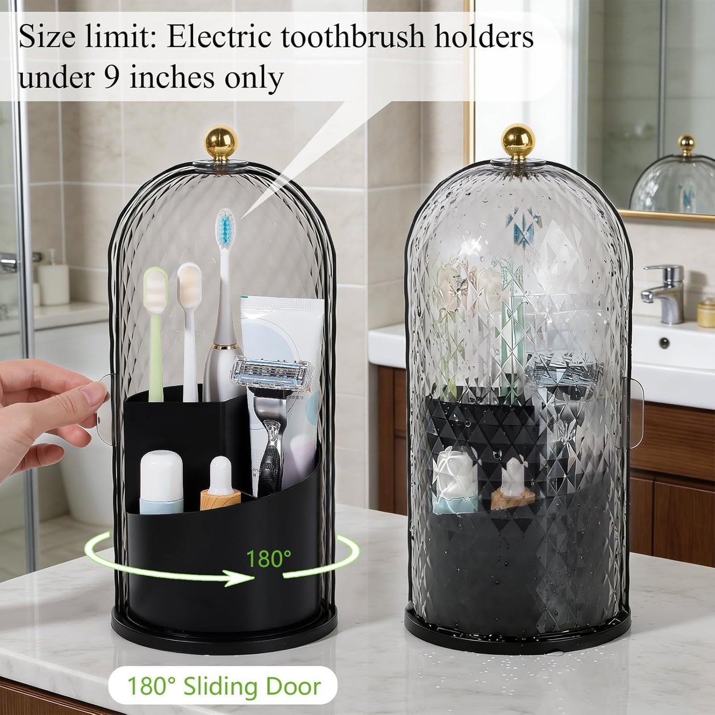 Toothbrush Holder with Cover for Bathroom Countertop, Organizer, White | Rotating 3 Slot Holder for Electric Toothbrushes, Toothpaste, Self Draining Vanity Organizer, Makeup Brush Storage