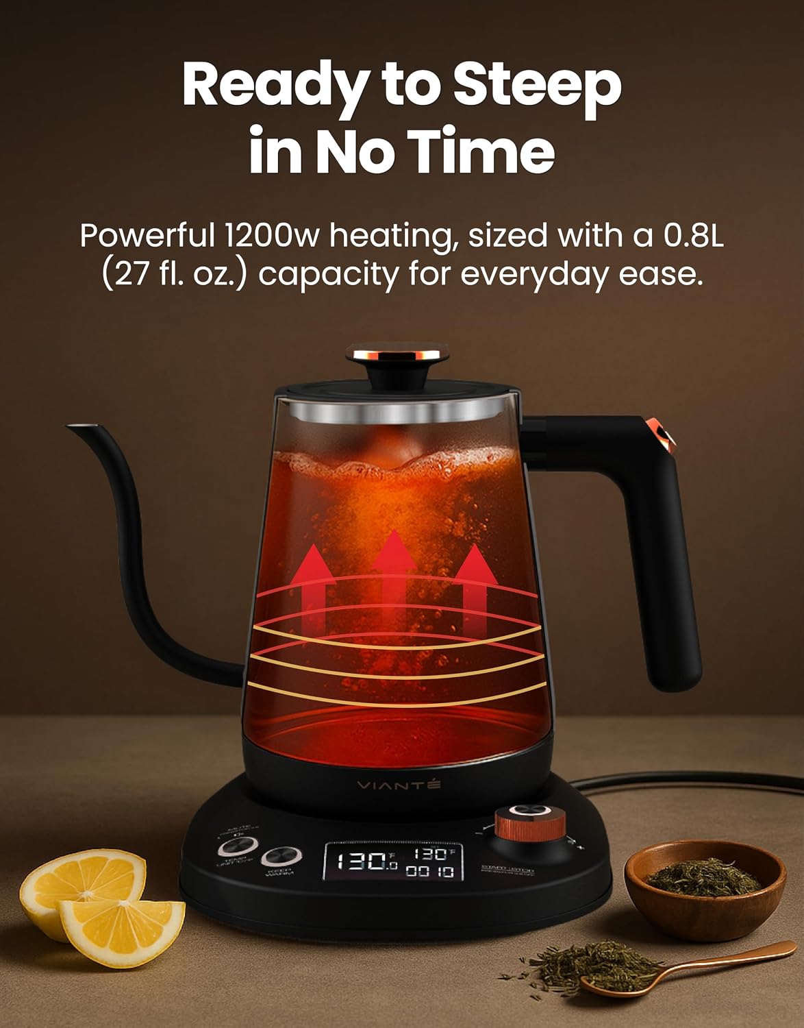 Viante Alba Electric Tea Kettle With Infuser, No Plastic, 1.5L | Borosilicate glass & 304 stainless steel construction. 4 temp presets, keep-warm, cordless, auto shut-off