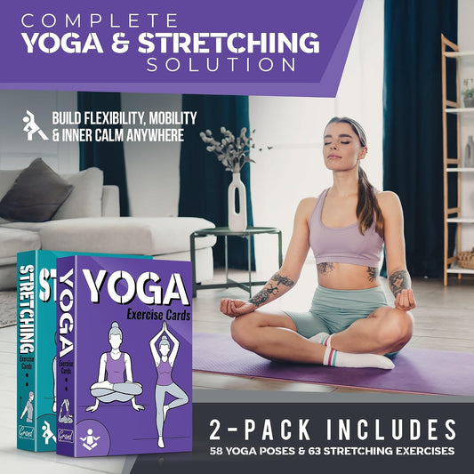[2-PACK] Yoga & Stretching Exercise Cards with 121+ Poses and 26 Complete Routines - Large 5"x3.5" Waterproof Fitness Deck for Daily Flexibility Training, Perfect for Women & Men, All Levels