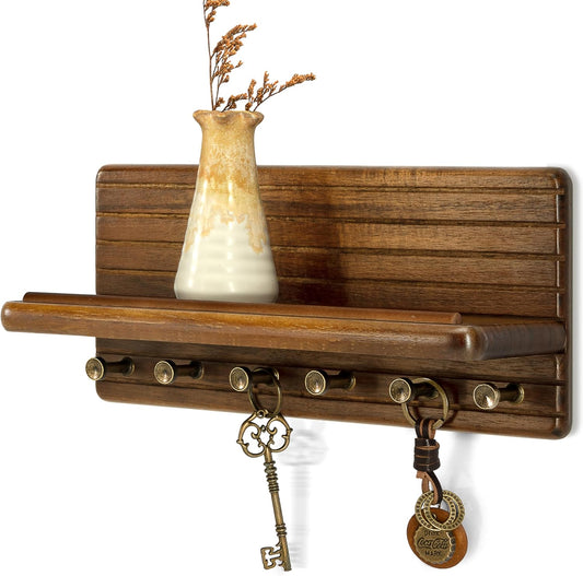 Rebee Vision Pine Wood Key Holder Wall Mount with Shelf for Entryway, Brown | 6 Key Hooks, Round Corner, Smooth&Hand-Friendly, Clear Wood Texture, Space-Saving Design, Organize Mail & Letter