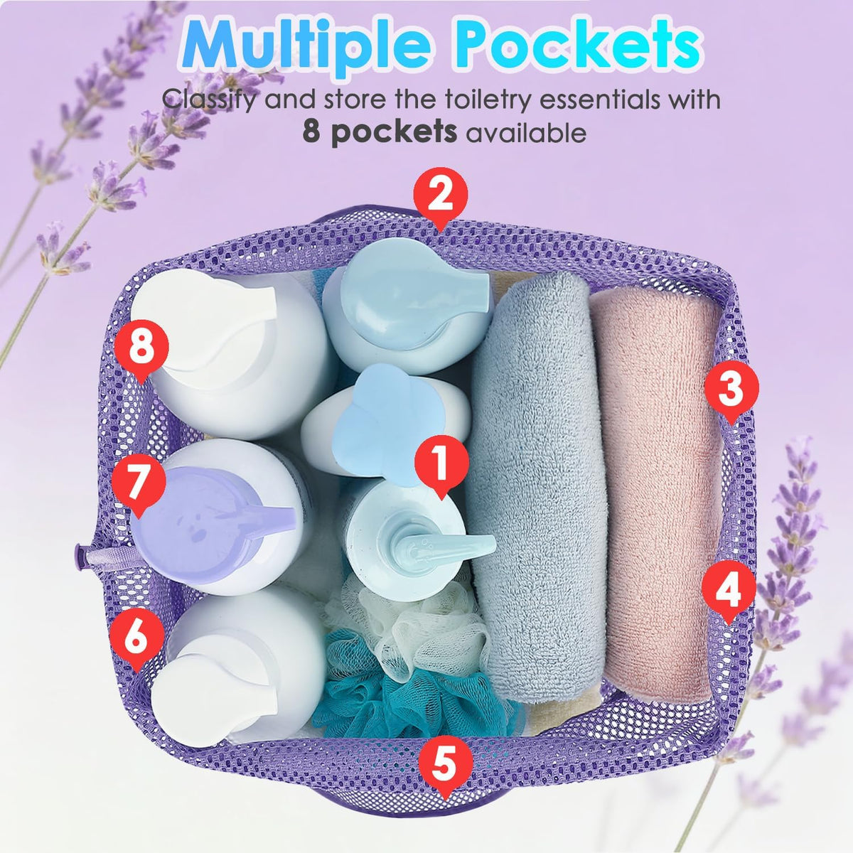 Fammart Mesh Shower Caddy Portable with Drawstring, Dorm Room Essentials for College Girls Guys, 8-Pocket Extra Large Shower Bag Basket Tote for Camping Beach Gym Travel Toiletry Bathroom