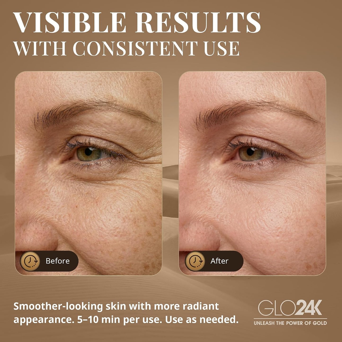 GLO24K Heated Eye Wand & Eye Massager Tool - Gentle Warmth & Vibration for Smoother-Looking Skin, Refreshing Under-Eyes Massage, Portable Beauty Device