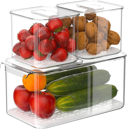 Fridge Produce Saver Food Storage Bin Containers, Stackable Refrigerator Freezer Organizer Fresh Keeper Container with Vented Lids, 3 Pack