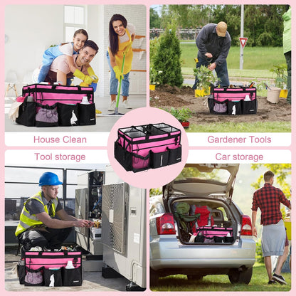 Extra Large Cleaning Caddy Bag with Built-In Support Board, Cleaning Tote Organizer with Removable Divider, Supply Carryall with Adjustable Shoulder Strap and Waist Belt for Cleaners & Housekeeper