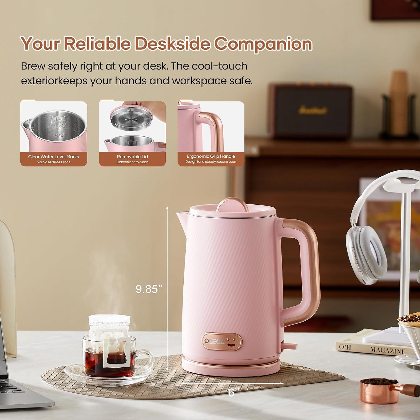 OLEGA Electric Tea Kettle: 1200W Fast Boil Electric Water Kettles 1.5L | Stainless Steel Kettle; Large Electric Water Kettle; Plastic Free Teapot; Auto Shut-Off Water Boiler; Fast Boil Kettles