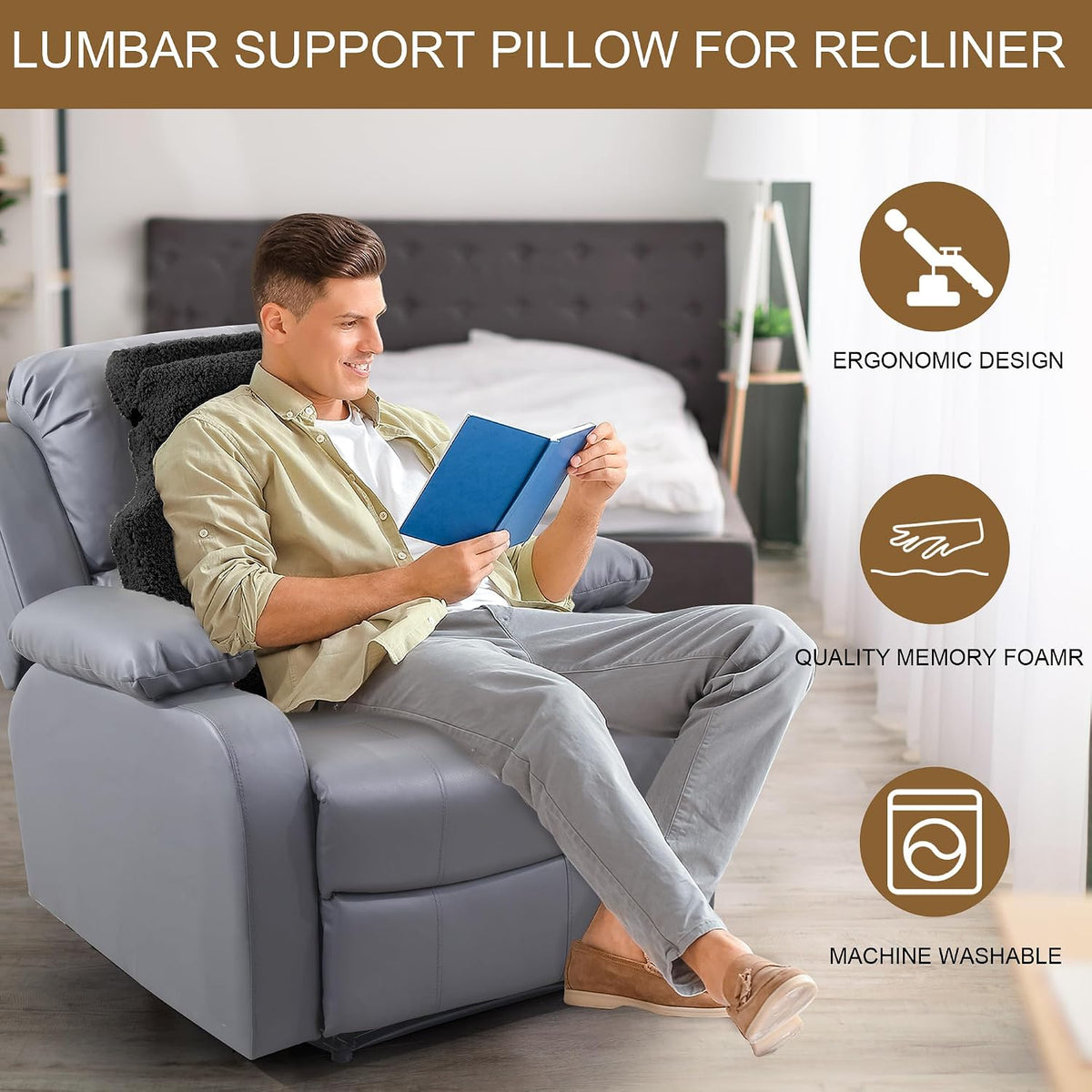 HOMBYS Sherpa Fleece Lumbar Support Pillow with Headrest for Recliner,Memory Foam Recliner Chair Cushion for Back Pain,Big High Back Support for Recliner with Chair Headrest for Elderly (Khaki)