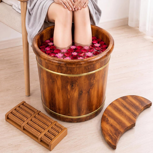 15.75" Wooden Foot Bath Bucket with Lid & Massage Roller, Thick Insulated Spa Foot Soak for Relaxation, Massage Soles, Circulation, Elderly & Athletes, Home & Family Use