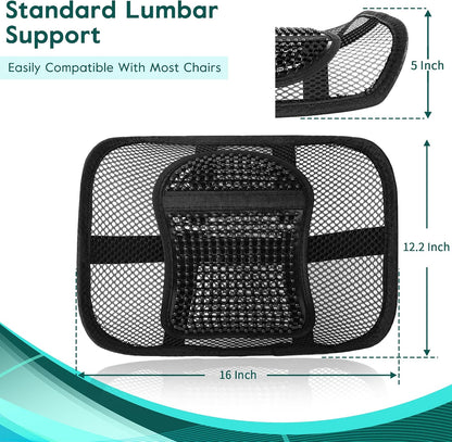 Samyoung Mesh Lumbar Support for Office Chair and Car Seat | 12 x 16 Inch Breathable Double-Layer Mesh Back Support with Elastic Chair Strap & Support Beads for Firm, Comfortable Support