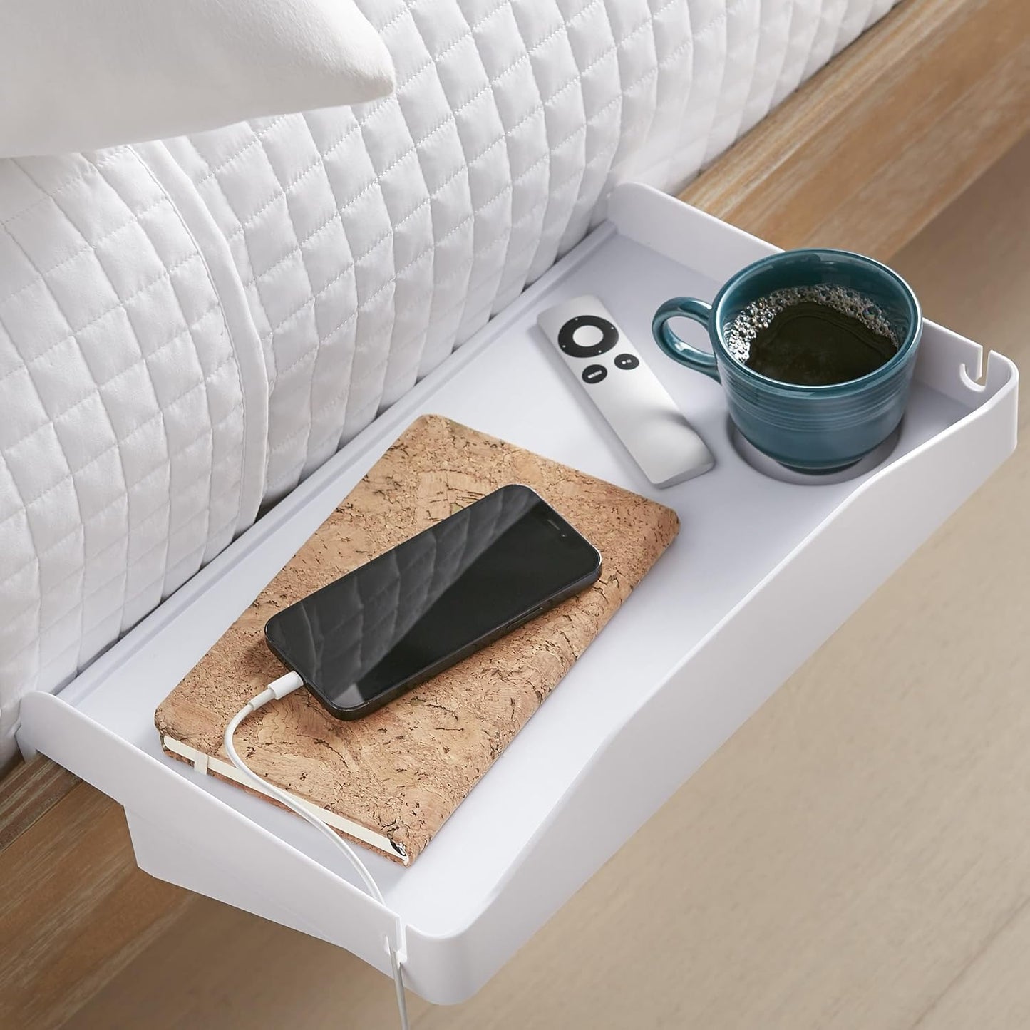 Modern Innovations Bedside Shelf for Bed, College Dorm Room, Bunk Bed Shelf/Caddy for Top Bunk, Clip On Nightstand Tray with Cord and Cup Holder for Table Storage (Black)