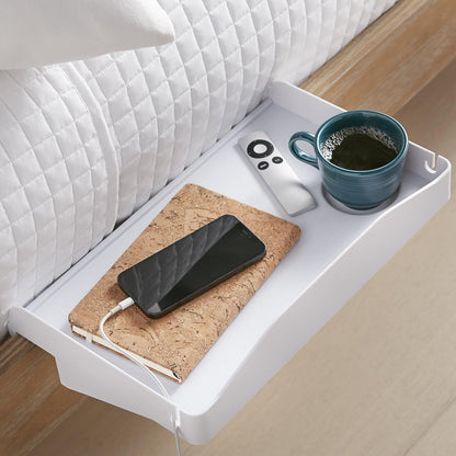 Modern Innovations Bedside Shelf for Bed, College Dorm Room, Bunk Bed Shelf/Caddy for Top Bunk, Clip On Nightstand Tray with Cord and Cup Holder for Table Storage (Black)
