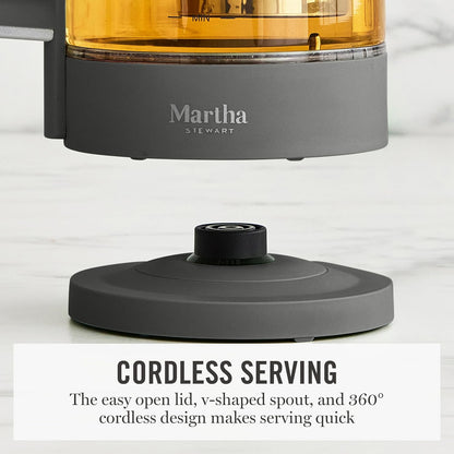 Martha Stewart 1.7L Glass Carafe Electric Kettle with Removable Tea Infuser | 7 Cups, 4 Presets, Rapid Boiling, Stainless Steel Tea Leaf Infuser, Cordless Swivel Base, Keep Warm, Auto Shut-Off, Linen